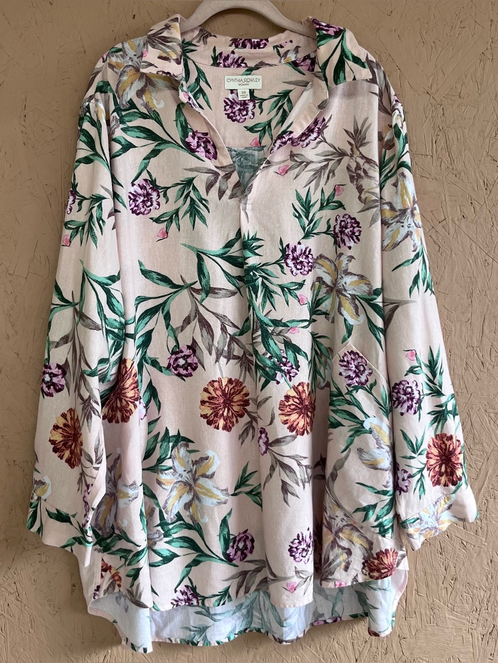 Cynthia Rowley Linen Blend
Floral Tunic Blouse Pink Multi
Botanical Women's 3X